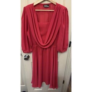 Vintage Monica Richards of California Pink Dress Drape Neck‎ Puff Sleeve 80s EUC